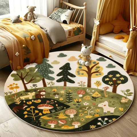 Navak Carpet Forest Pattern Living Room Lovely Round Bedroom Decorative Carpet Washable Children Floor Mat Study Rug