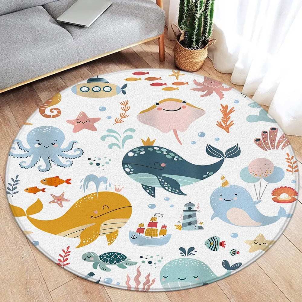 Navak Carpet Cartoon Round Carpet Ocean Fish Dolphin Starfish Cute Deer Lion Elephant Tiger Kids Bedroom Mat Home Living Room Decor Floor Rug