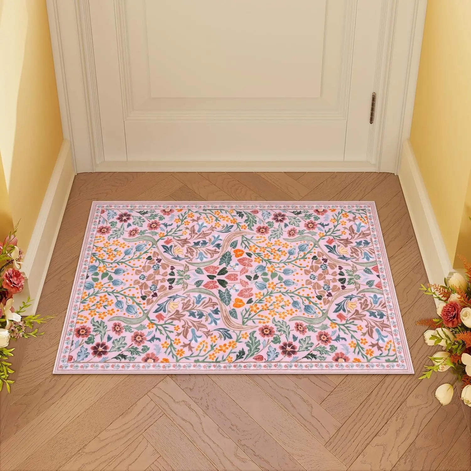 Navak Carpet Floral Washable Rugs, Soft Large Boho Bedroom Rug, Botanical Non Slip Ultra Thin Floor Carpet for Dining Room Nursery Office