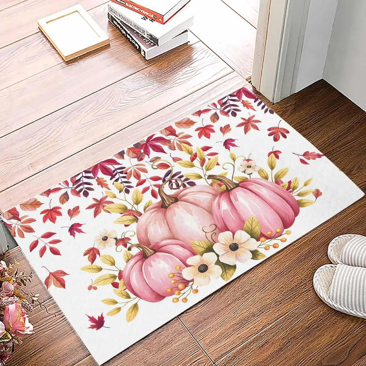 Navak Carpet Fall Pink Pumpkins Flowers Leaves Welcome Doormats Decor Kitchen Corridor Balcony Rugs Bedroom Beside Foot Mat Non-Slip Floormat