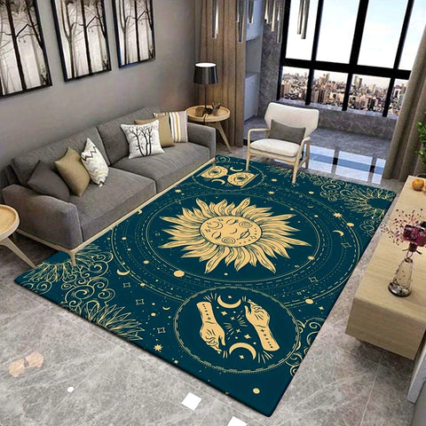 Navak Carpet Sun Theme Mat - Celestial Sun Moon Stars & Feet Design, 100% Polyester Machine Washable Indoor/Outdoor Mat for Living Room Bedro