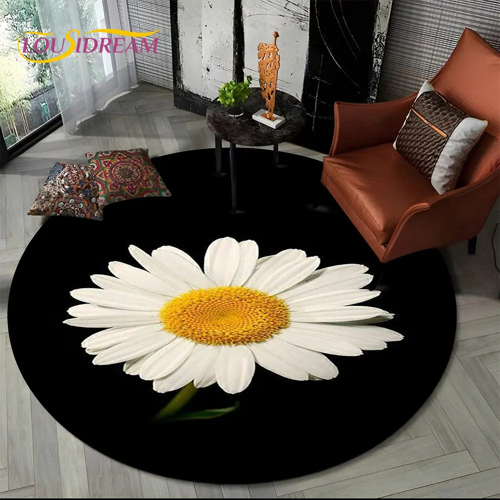 Navak Carpet 3D Daisy Nordic Flower Sunflower Round Area Rug,Carpet for Living Room Children's Bedroom Sofa Playroom Decor,Non-slip Floor Mat