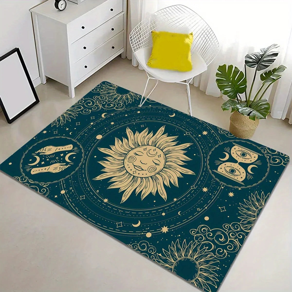 Navak Carpet Sun Theme Mat - Celestial Sun Moon Stars & Feet Design, 100% Polyester Machine Washable Indoor/Outdoor Mat for Living Room Bedro