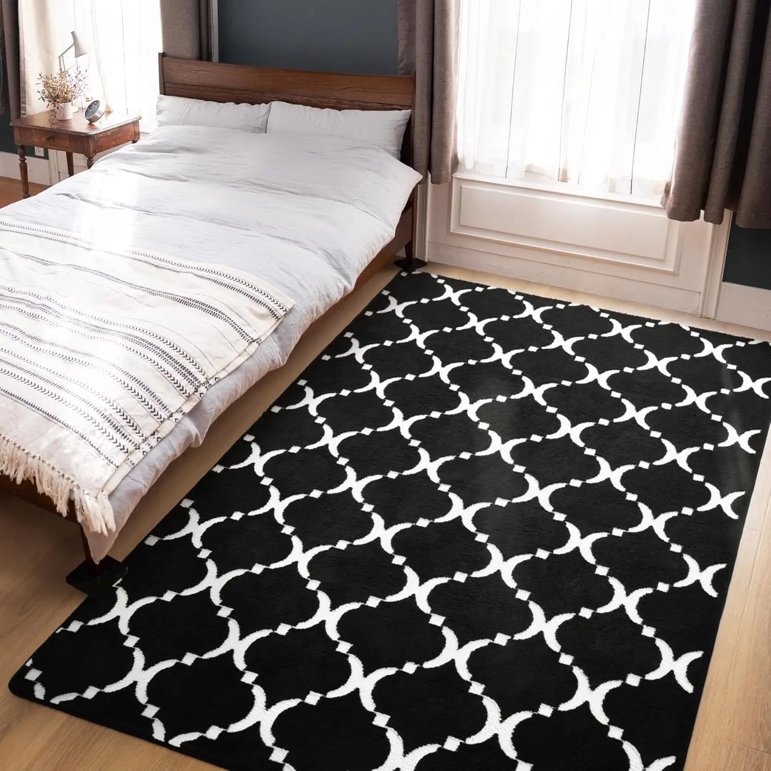 Navak Carpet Large Shag Area Rug Memory Foam Living Room Rug 6x9 Feet, Black Plush Geometric Bedroom Rug, Indoor Carpet for Kids Room Decor