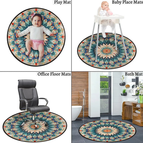 Navak Carpet Round Rug 33.88in Indoor Circle Area Rug Vintage Mandala Flower Round Shape Round Non Slip Washable Easy Soft Throw Rugs Floor C