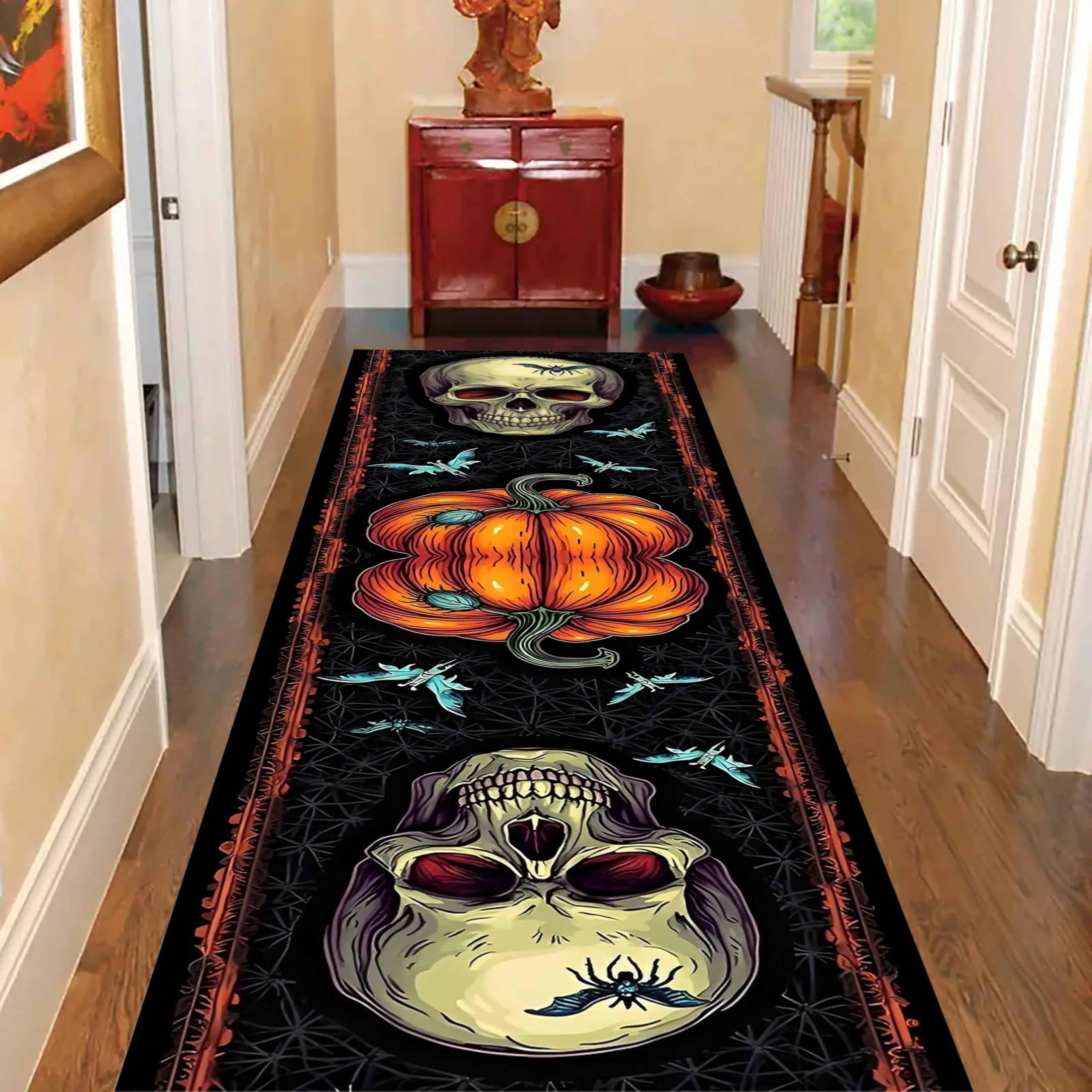 Navak Carpet Exclusive Picks Halloween Runner Rug Abstract Pumpkin Skull Carpet Kitchen Anti-Slip Spider Web Printed Rugs for Living Room Home Decor