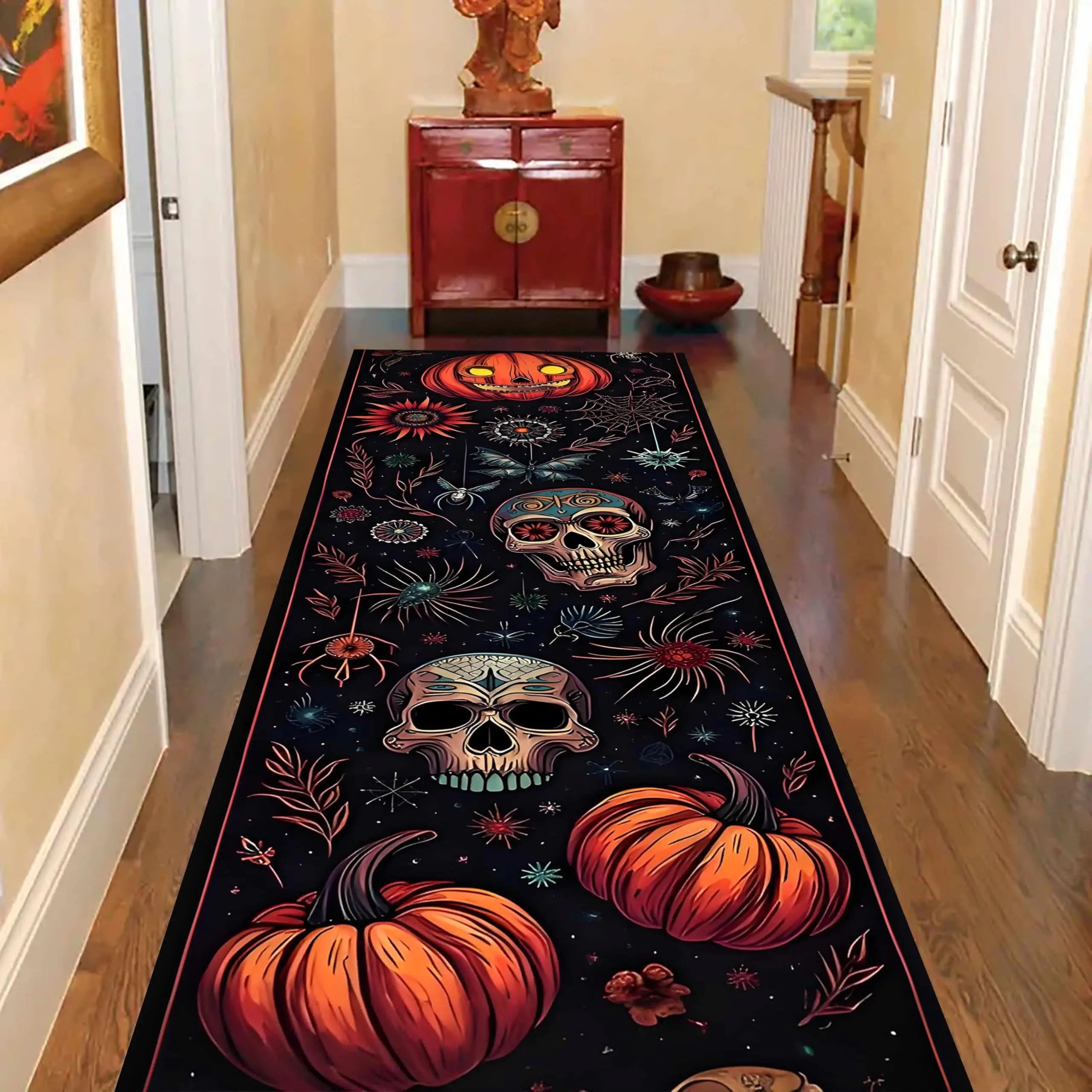 Navak Carpet Exclusive Picks Halloween Runner Rug Abstract Pumpkin Skull Carpet Kitchen Anti-Slip Spider Web Printed Rugs for Living Room Home Decor