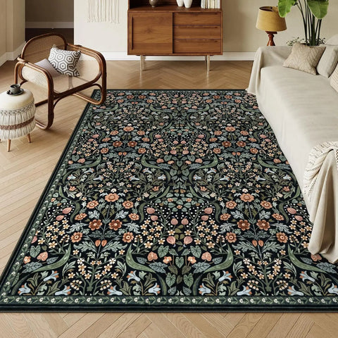 Navak Carpet Floral Washable Rugs, Soft Large Boho Bedroom Rug, Botanical Non Slip Ultra Thin Floor Carpet for Dining Room Nursery Office