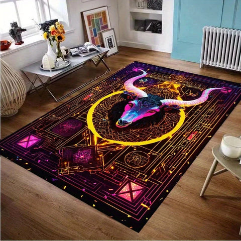 Navak Carpet Door mats with ancient symbols and neon bull design are suitable for camping, room, indoor use-machine washable non-slip carpet