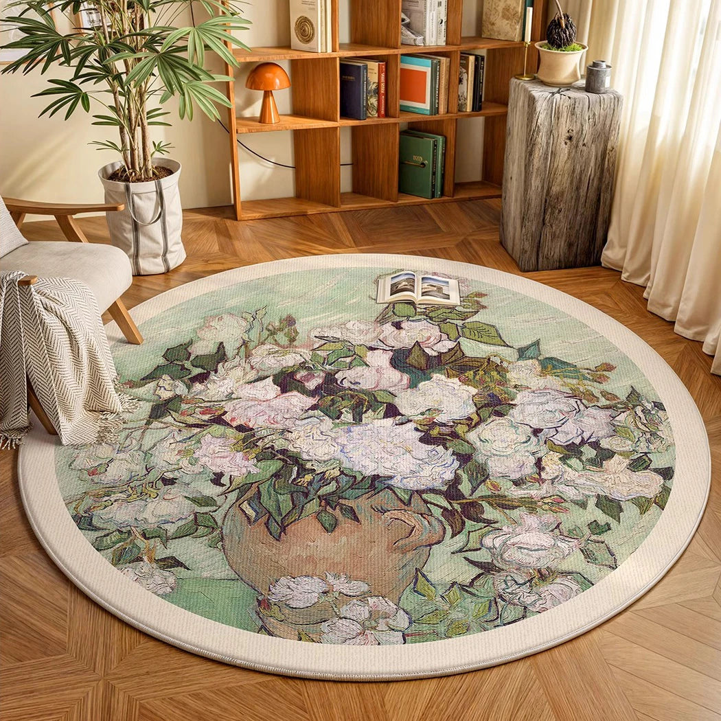 Navak Carpet Round Rug Living Room Carpet Soft Bedroom Bedside Floor Mat Plants Flowers French Retro Anti-slip Carpets Home Ddecoration Tapis