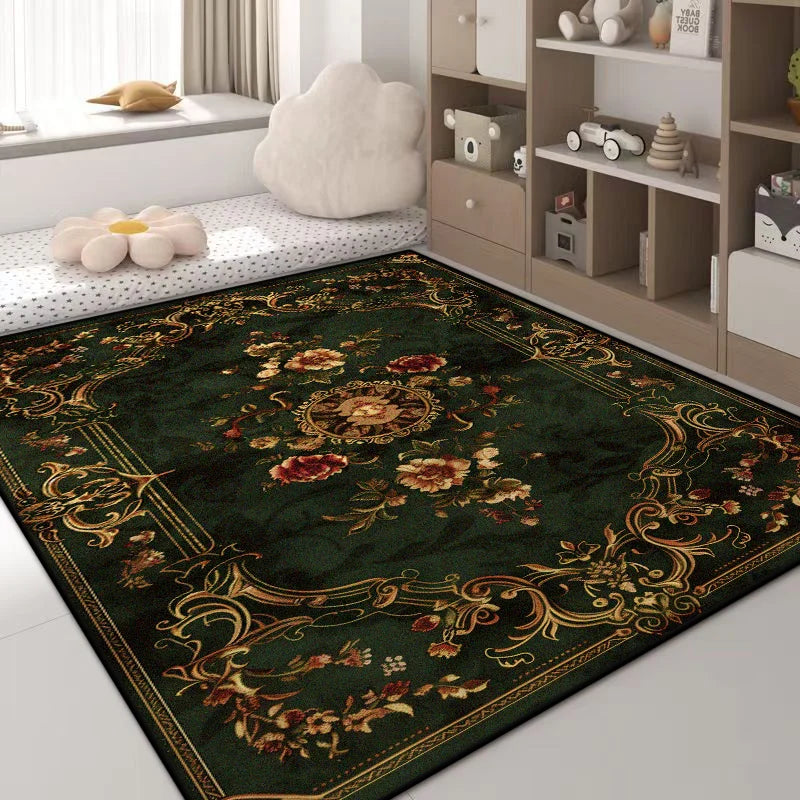 Navak Carpet Luxury Green Flower Area Rug – Non-Slip Large Living Room Carpet, Golden Border Washable Soft Mat for Bedroom Home Decor
