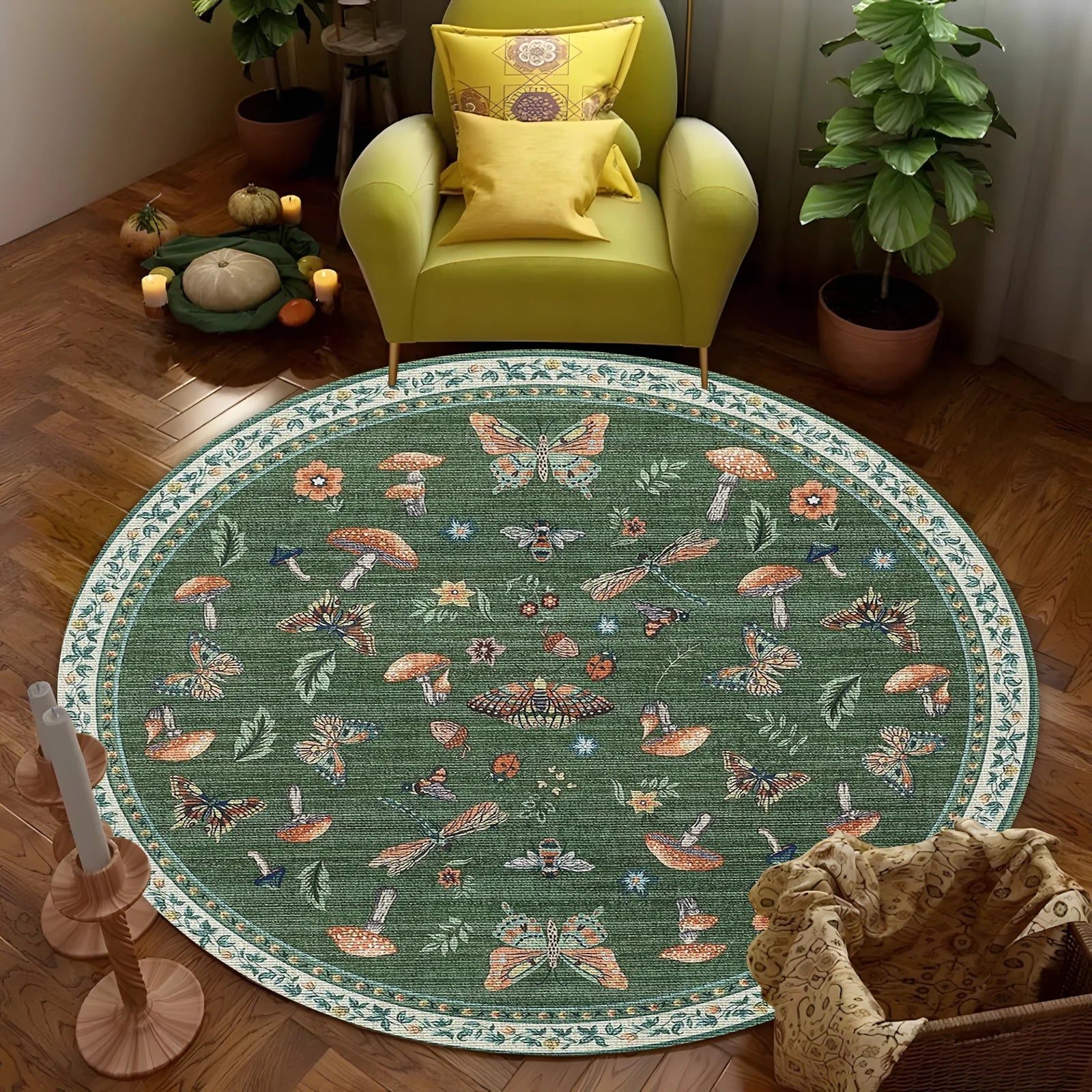 Navak Carpet Round Boho Floral Carpet - Vibrant Mushroom & Butterfly Print, Non-Slip Area Rug for Living Room/Bedroom, Nature-Inspired Decor