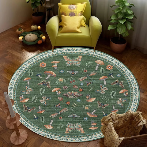Navak Carpet Round Boho Floral Carpet - Vibrant Mushroom & Butterfly Print, Non-Slip Area Rug for Living Room/Bedroom, Nature-Inspired Decor