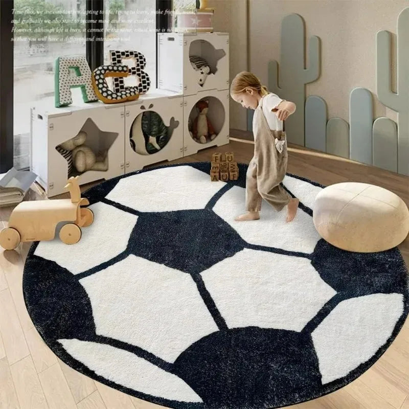 Navak Carpet 100x100cm Black Soccer Soft Plush Round Rug Non Slip Nursery Rug Bedroom Playroom Rug Washable Bedroom Crawling Mat for Kids