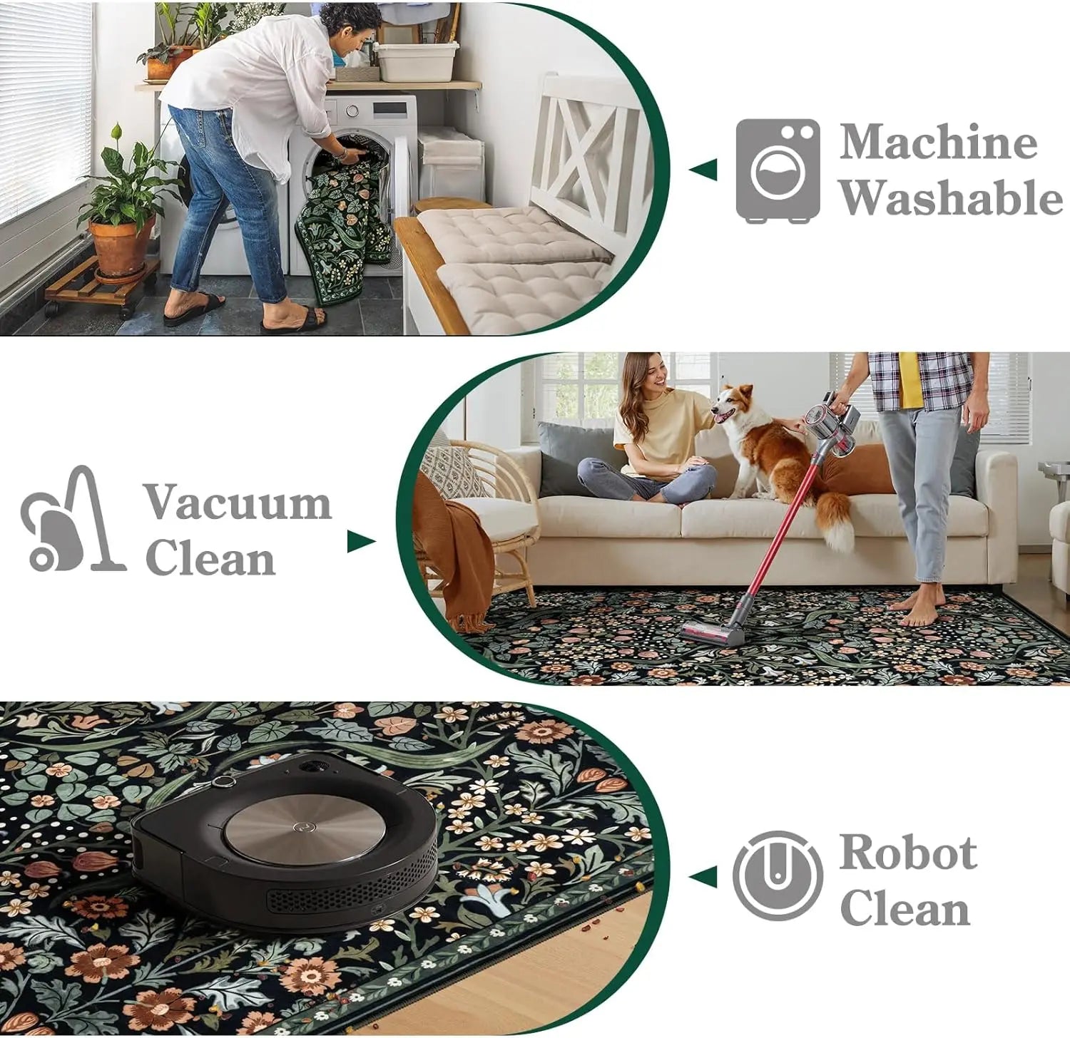 Navak Carpet Floral Washable Rugs, Soft Large Boho Bedroom Rug, Botanical Non Slip Ultra Thin Floor Carpet for Dining Room Nursery Office