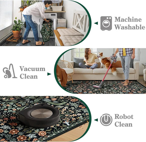Navak Carpet Floral Washable Rugs, Soft Large Boho Bedroom Rug, Botanical Non Slip Ultra Thin Floor Carpet for Dining Room Nursery Office