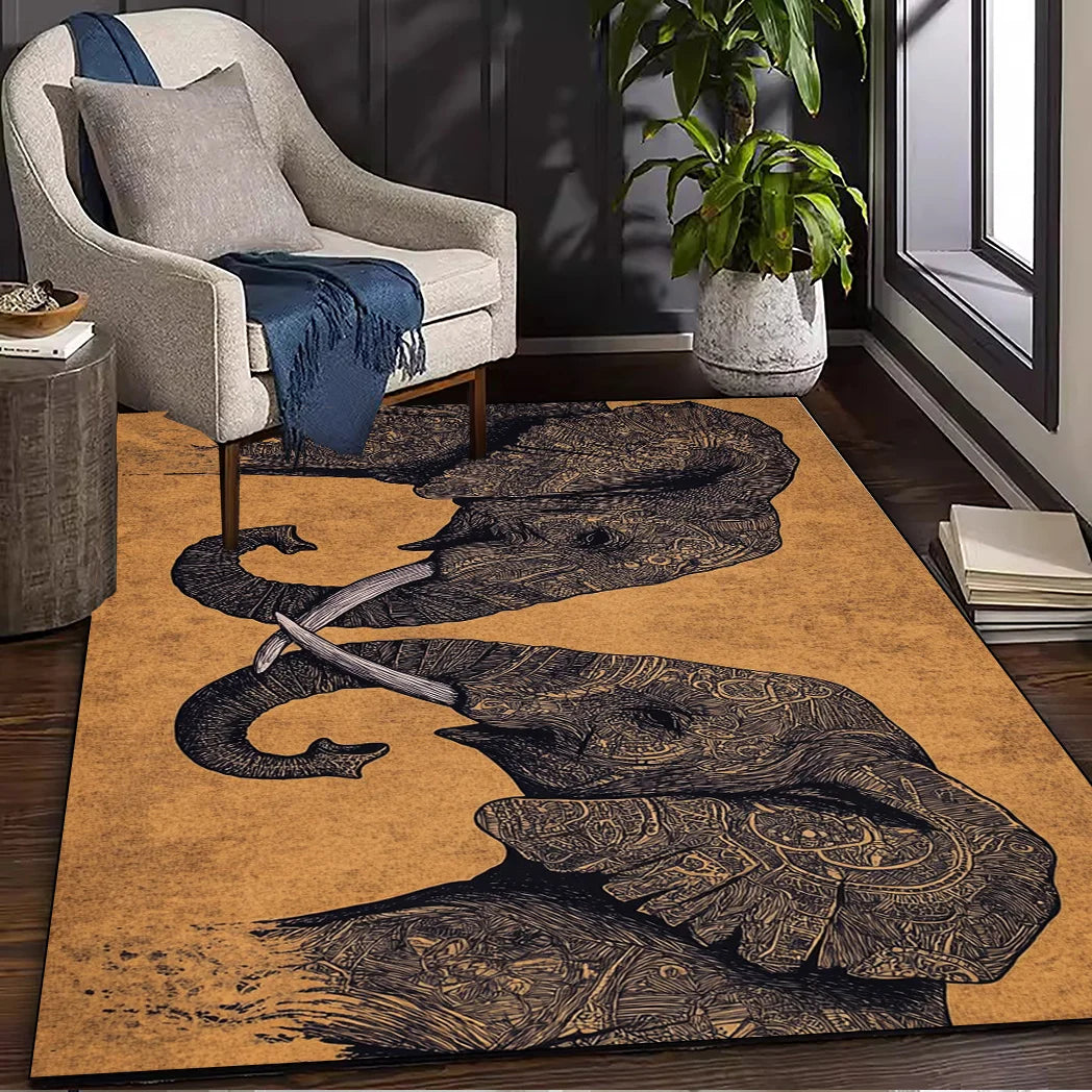 Navak Carpet Elephant Pattern Rug - Polyester Woven, Lightweight, Washable, Low Pile, Suitable for Living Room, Bedroom, Home Decoration