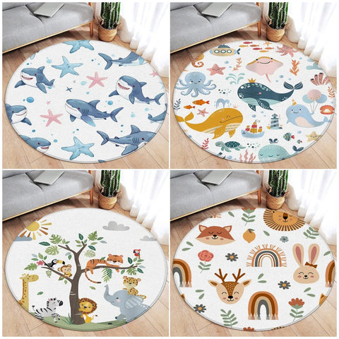 Navak Carpet Cartoon Round Carpet Ocean Fish Dolphin Starfish Cute Deer Lion Elephant Tiger Kids Bedroom Mat Home Living Room Decor Floor Rug