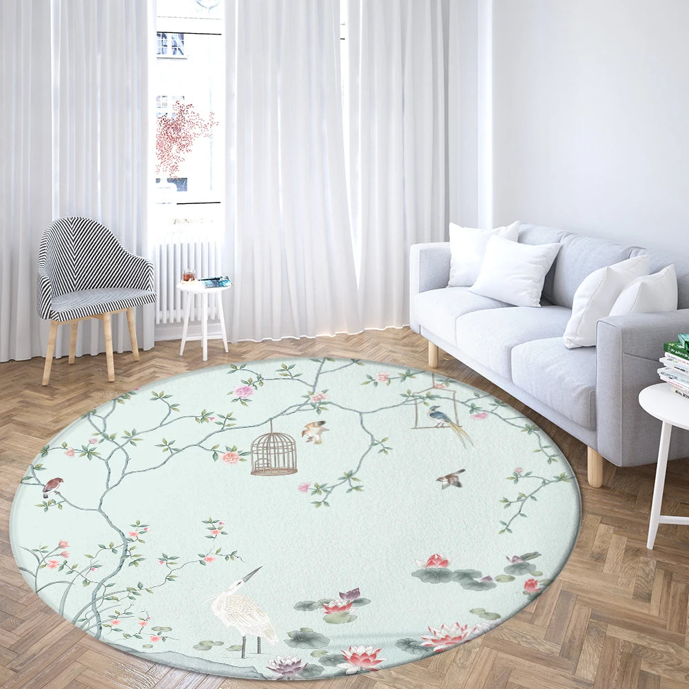 Navak Carpet Home Living Room Bedroom Bathroom Floor Mat Printing Decorative Carpet Flower and Bird  Round  Peony Rose