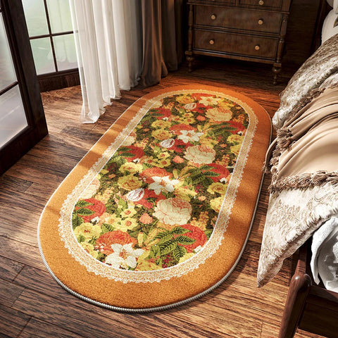 Navak Carpet Bedroom Bedside Carpet Non-slip Soft Comfortable Floor Mat American Retro Flower Pattern Rug Oval Long Home Decoration Mats 양탄자