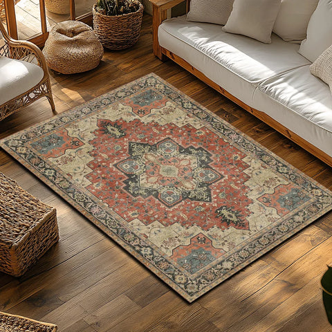 Navak Carpet Red Green Bohemian Area Rug, Ethnic Pattern Non-Slip Carpet, Cozy Living Room Mat for Natural Home Decor