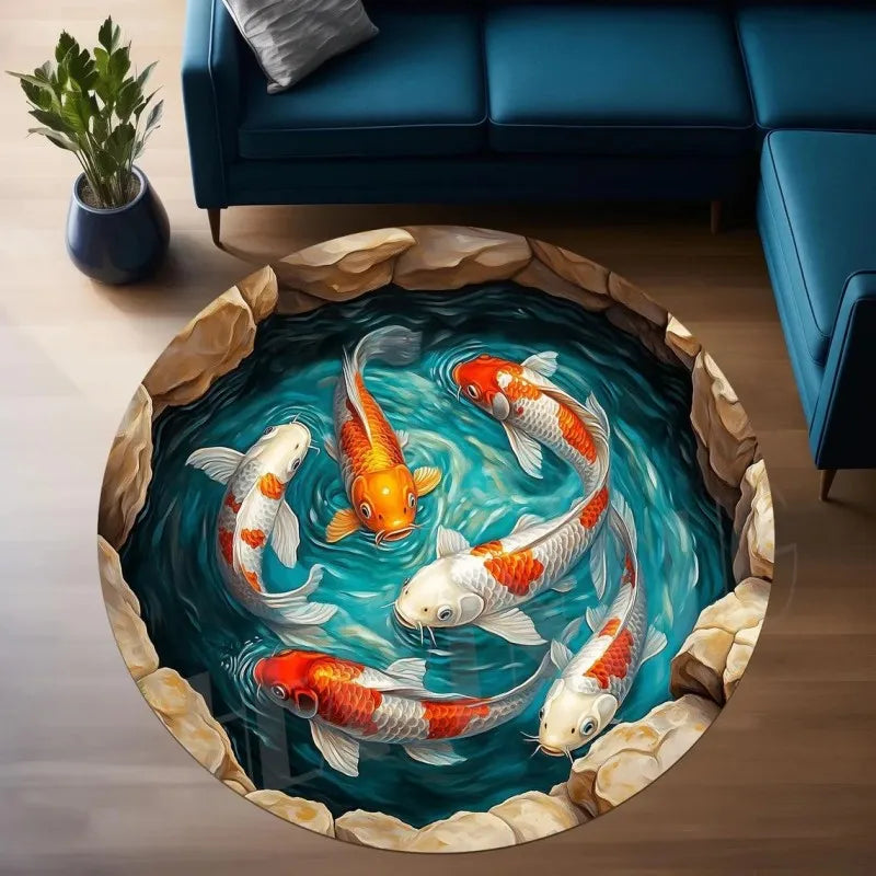 Navak Carpet Yin Yang Koi Fishes Print Round Carpets for Home Living Room Rug Bedroom Decor Rug Non Slip Washable Flannel Floor Mat