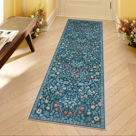 Navak Carpet Floral Washable Rugs, Soft Large Boho Bedroom Rug, Botanical Non Slip Ultra Thin Floor Carpet for Dining Room Nursery Office