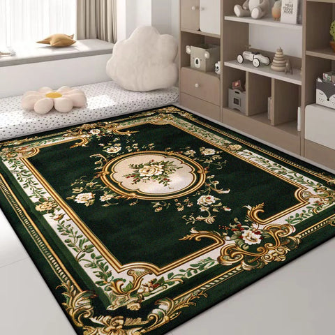 Navak Carpet Luxury Green Flower Area Rug – Non-Slip Large Living Room Carpet, Golden Border Washable Soft Mat for Bedroom Home Decor