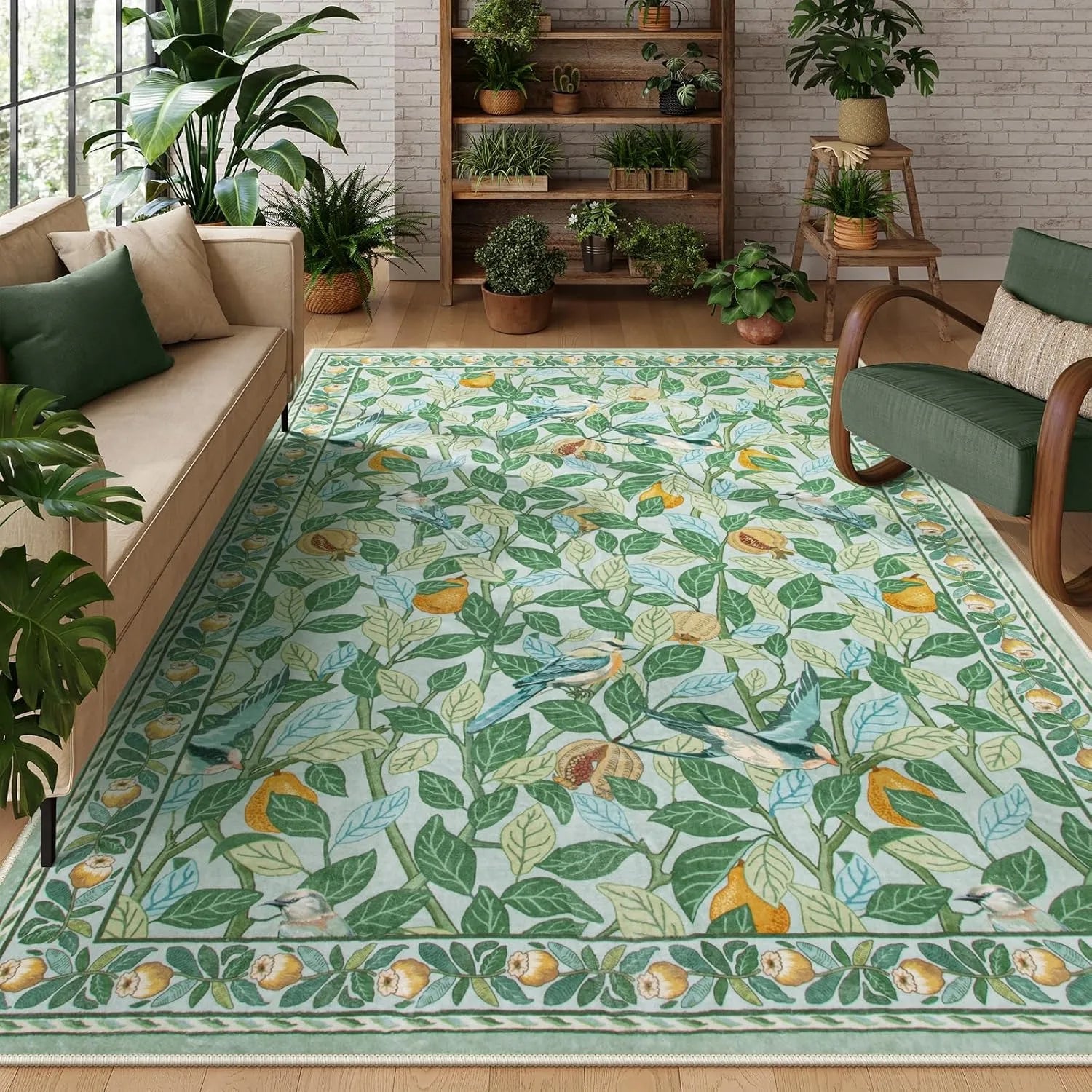 Navak Carpet Green Plant Retro Area Rug – Non-Slip Machine Washable Living Room Carpet, Soft Large Floor Mat for Bedroom Home Decor