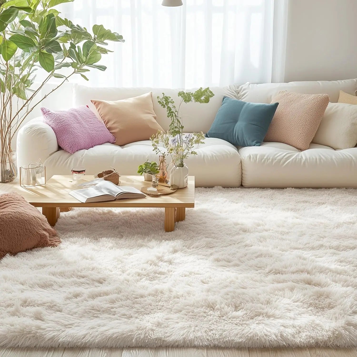 Navak Carpet Silky Plush Fluffy Carpet Soft Shaggy Sofa Area Rug for Living Room Bedroom Floor Mat Kids Play Cushion Home Decor Gray Beige