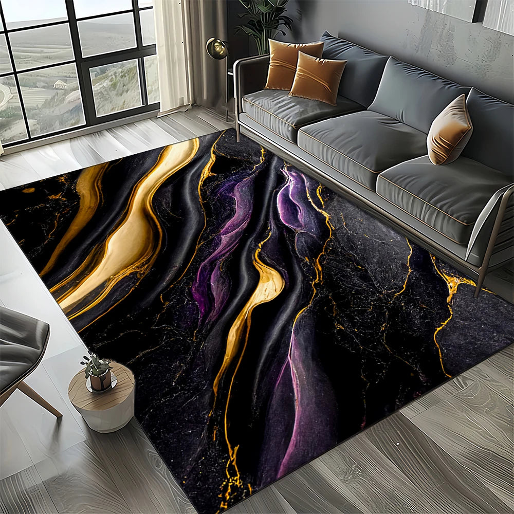 Navak Carpet Elegant Black White & Gold Area Rug – Sophisticated Marble-Like Pattern for Living Room or Bedroom, Non-Slip Modern Home Decor