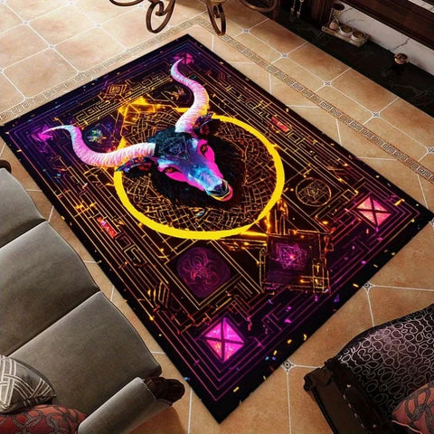 Navak Carpet Door mats with ancient symbols and neon bull design are suitable for camping, room, indoor use-machine washable non-slip carpet