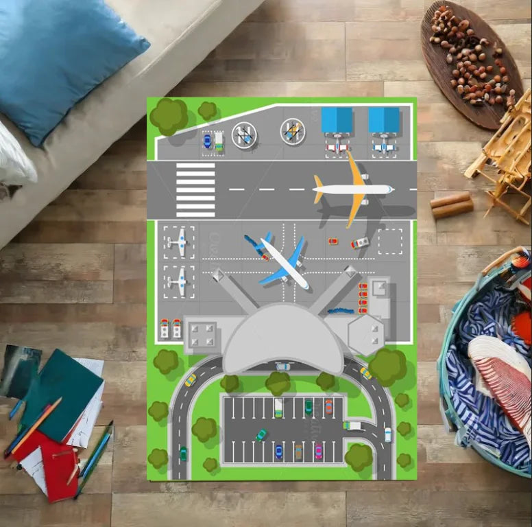 Navak Carpet Kids Play Area Rugs Airport Landing Strips Top View Aircraft and Airplane Arrival Carpet Kids' Bedroom Playroom Nursery 3D Decor