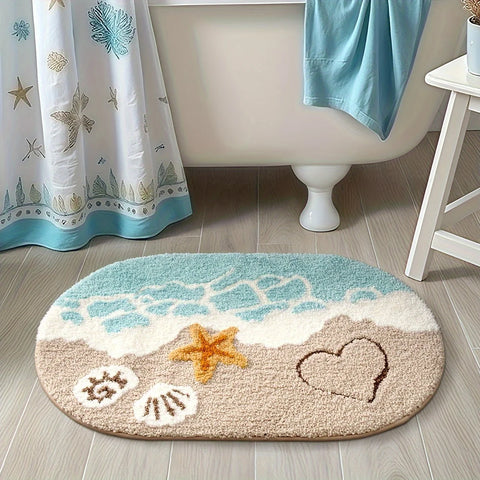 Navak Carpet 1pc Plush Faux Cashmere Bathroom - Ocean-Themed Oval Floor Mat with Beach Starfish & Heart Design,Rugs for Bathroom,Theme Decor