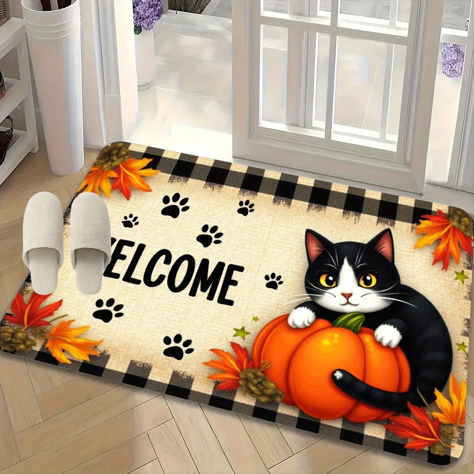 Navak Carpet Autumn Cat Paw Pumpkin Maple Leaves Welcome Doormat Fall Entrance Floor Mat Thanksgiving Decor Living Room Bedroom Non-slip Rugs