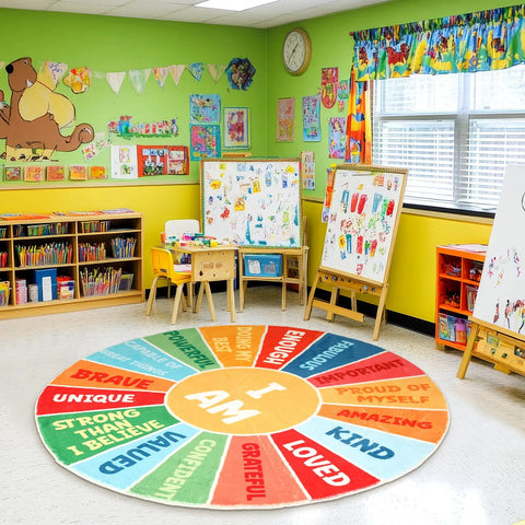Navak Carpet Exclusive Picks Calming Corner Boho Nursery Round Back to School Area Rug Positive Words Washable Educational Carpet Kids Classroom Decor