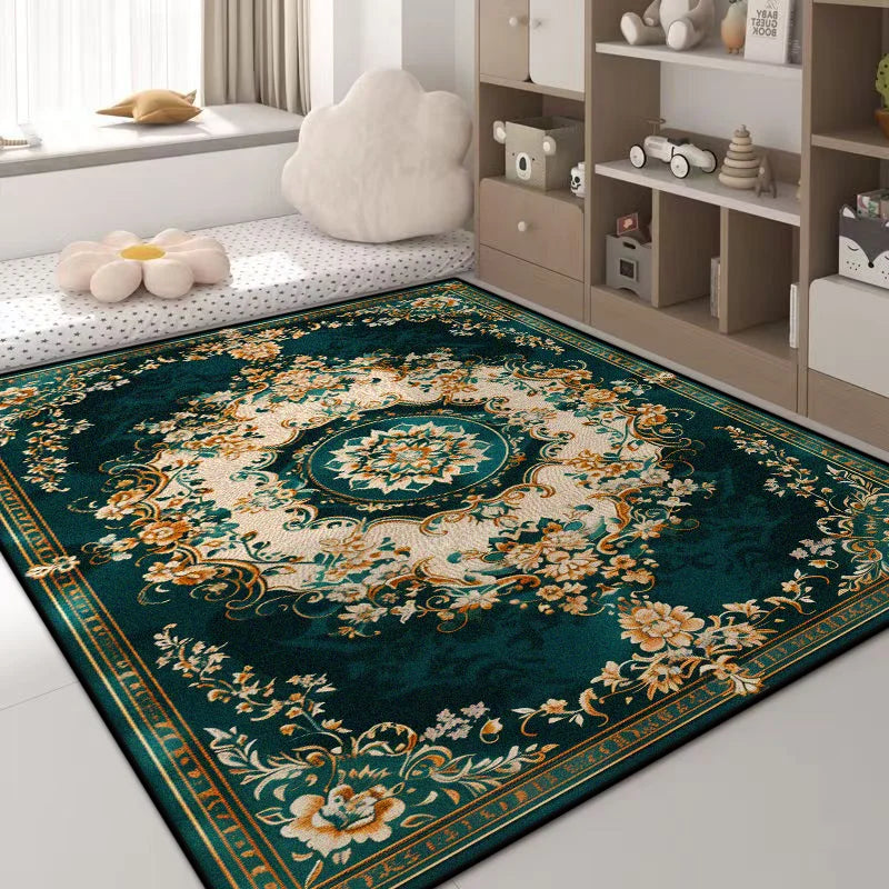 Navak Carpet Luxury Green Flower Area Rug – Non-Slip Large Living Room Carpet, Golden Border Washable Soft Mat for Bedroom Home Decor