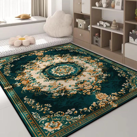 Navak Carpet Luxury Green Flower Area Rug – Non-Slip Large Living Room Carpet, Golden Border Washable Soft Mat for Bedroom Home Decor