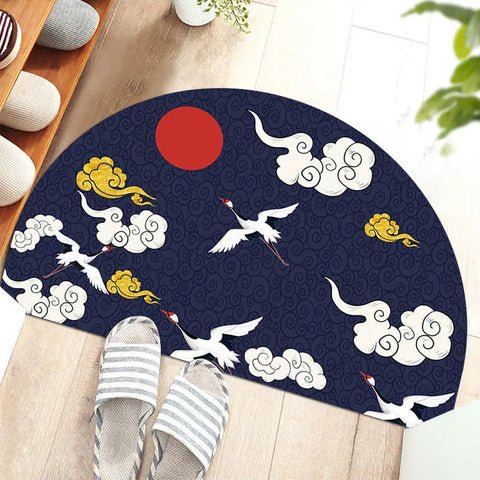 Navak Carpet Chinese Semi-circular Floor Mats Japanese Style Crane Printed Door Entrance Non-slip Floor Mats Balcony Carpet Hallway Porch Rug