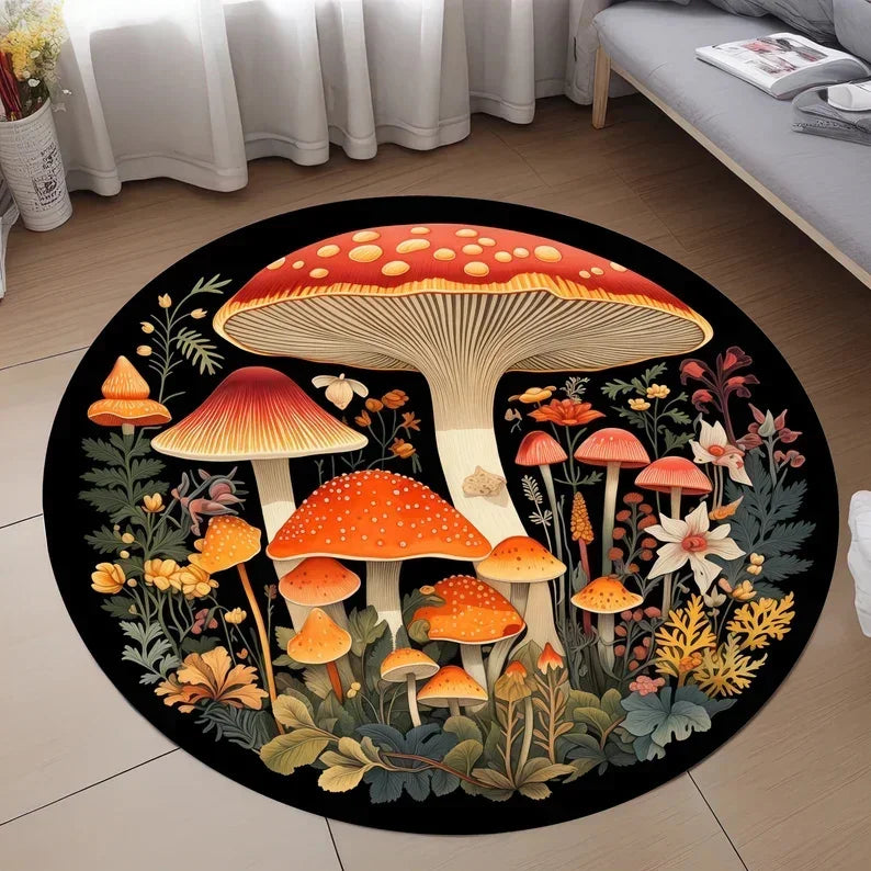 Navak Carpet Mushroom Pattern Circle Carpet Utility Round Rug for Living Room Bedroom Deco Kitchen Under Table Floor Mat Non Slip Vintage Rug