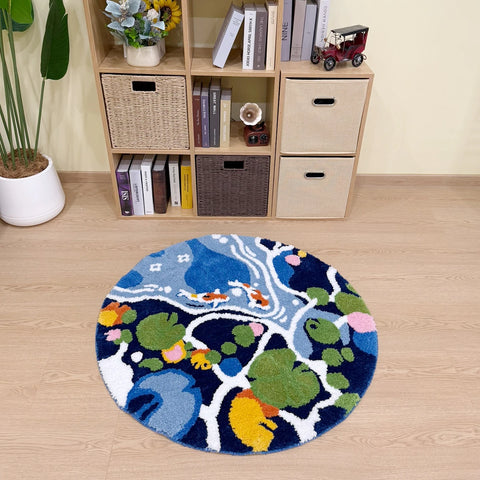 Navak Carpet Coloful Lotus Pond Round Handmade Tufted Rug for Living Room Psychedelic Bedroom Retro Carpet Plush Circle Abstract Art Area Rug