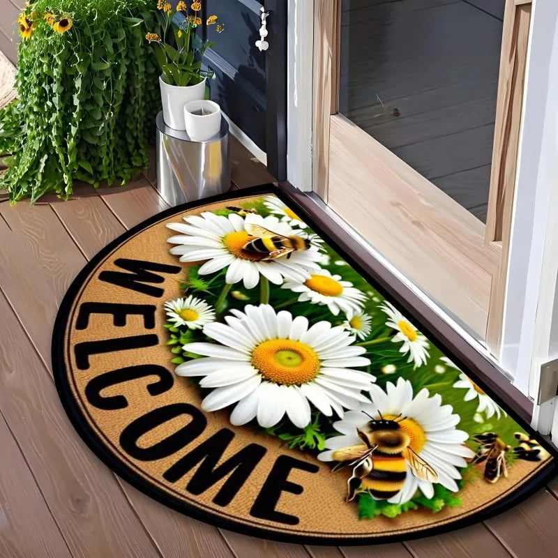 Navak Carpet Bees Floral Door Mat Non Slip Semi Circle Polyester Entrance Rug for Farmhouse Patio Laundry Kitchen Yard Outdoor Home Decor