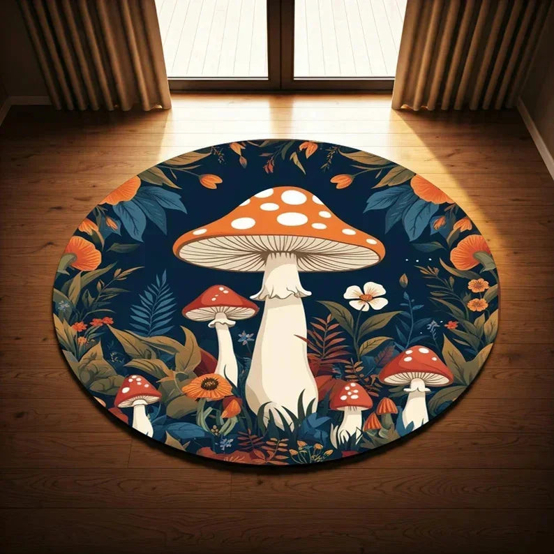 Navak Carpet Mushroom Pattern Circle Carpet Utility Round Rug for Living Room Bedroom Deco Kitchen Under Table Floor Mat Non Slip Vintage Rug