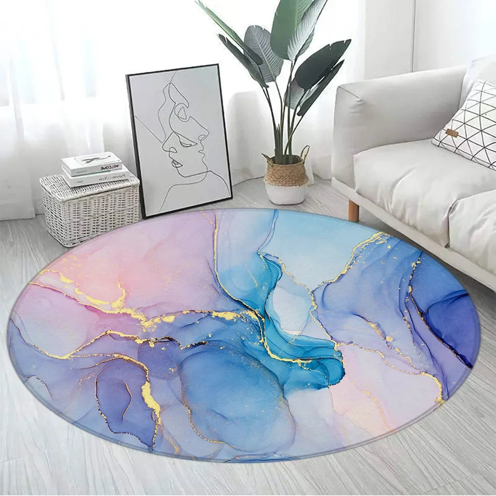 Navak Carpet Abstract Blue Marble Round Carpet Gold Textured Geometric Pattern Black Home Rugs Living Room Bedroom Decor Sofa Rug Floor Mats