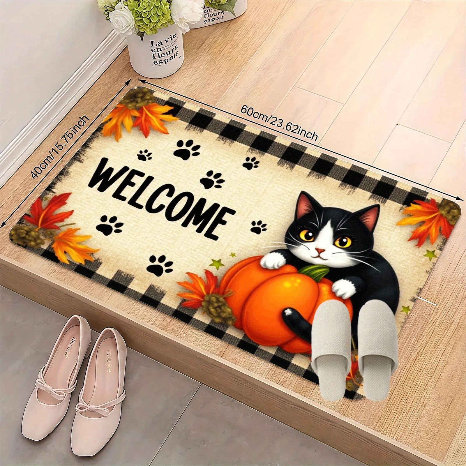 Navak Carpet Autumn Cat Paw Pumpkin Maple Leaves Welcome Doormat Fall Entrance Floor Mat Thanksgiving Decor Living Room Bedroom Non-slip Rugs