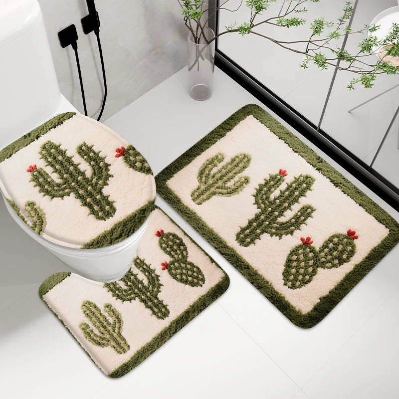 Navak Carpet 3pcs Cactus Printed Bathroom Mat 7MM Soft Floor Mat, Living Room Carpet, Balcony Non Slip Mat Machine Washable