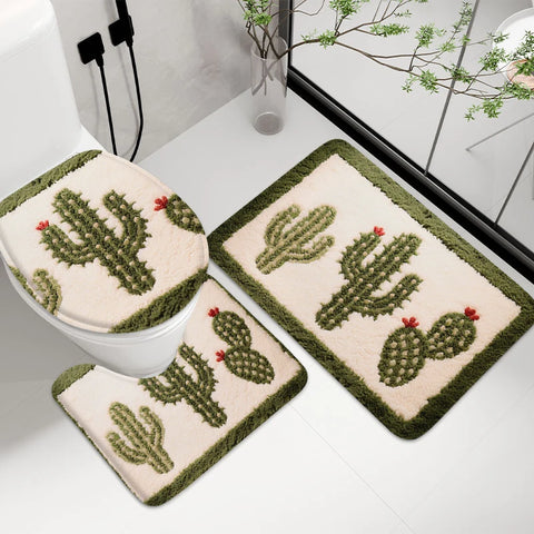 Navak Carpet 3pcs Cactus Printed Bathroom Mat 7MM Soft Floor Mat, Living Room Carpet, Balcony Non Slip Mat Machine Washable