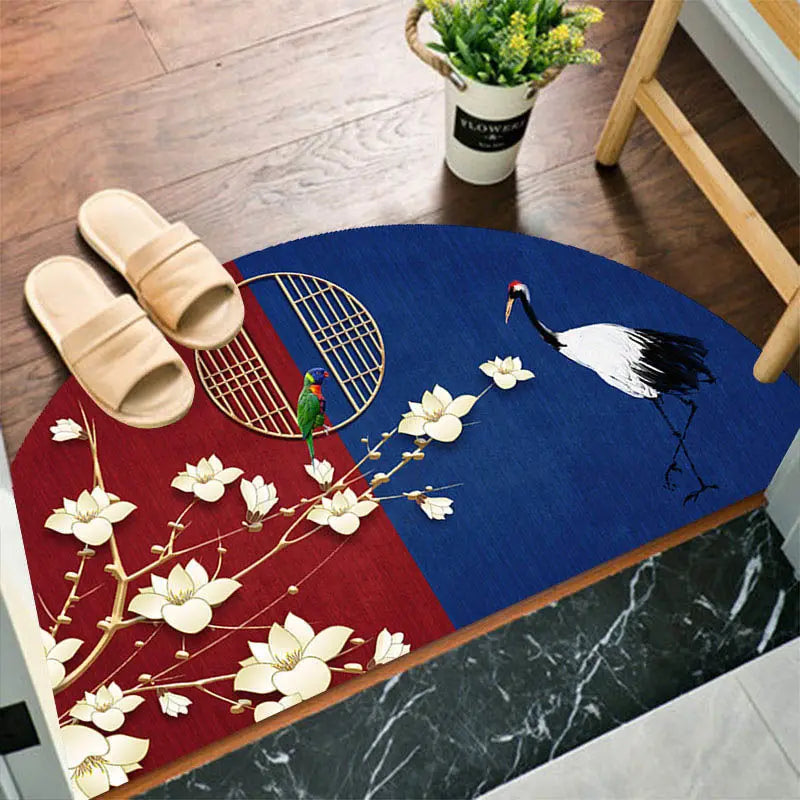 Navak Carpet Chinese Semi-circular Floor Mats Japanese Style Crane Printed Door Entrance Non-slip Floor Mats Balcony Carpet Hallway Porch Rug