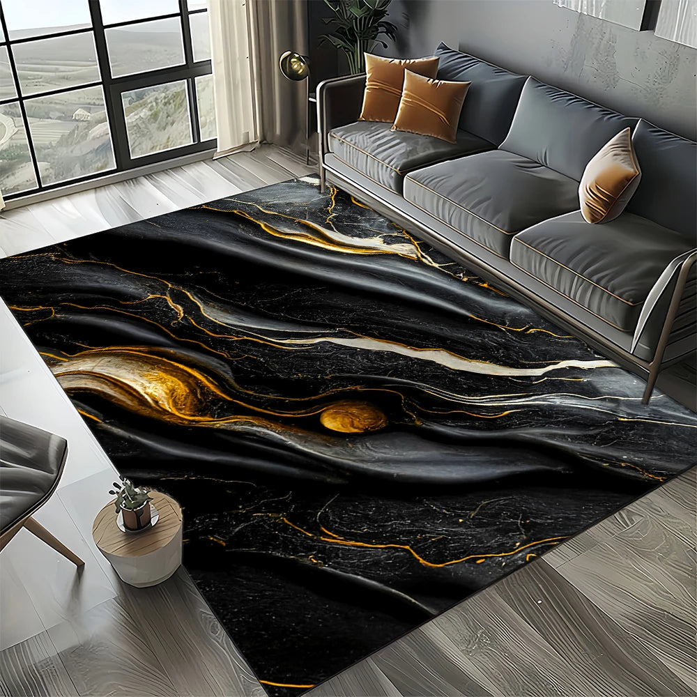 Navak Carpet Elegant Black White & Gold Area Rug – Sophisticated Marble-Like Pattern for Living Room or Bedroom, Non-Slip Modern Home Decor