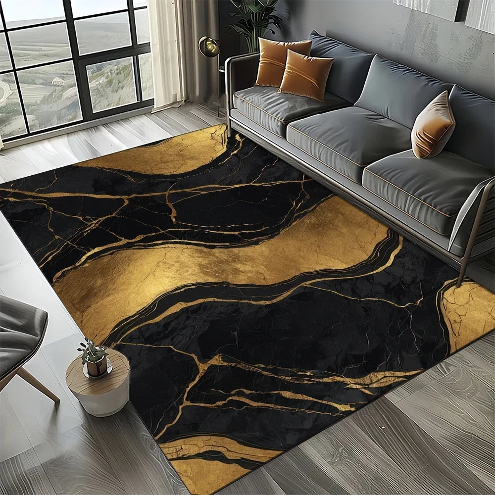 Navak Carpet Elegant Black White & Gold Area Rug – Sophisticated Marble-Like Pattern for Living Room or Bedroom, Non-Slip Modern Home Decor